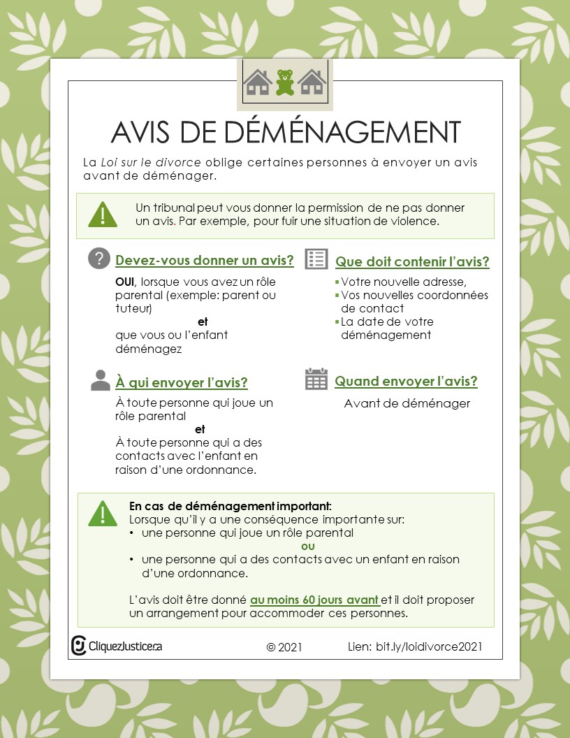 Avis de déménagement selon la Loi sur le divorce