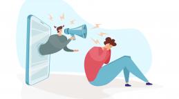 Personne avec un porte-voix qui sort d'un téléphone pour insulter une autre personne