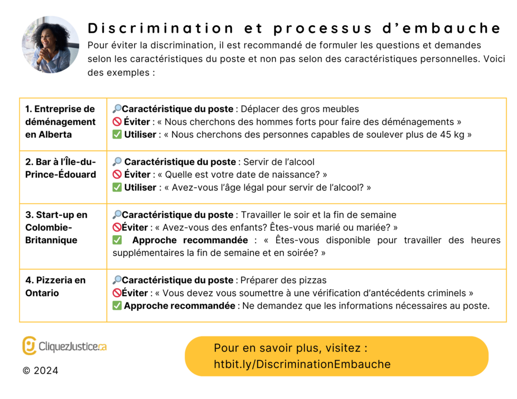 Tableau avec des exemples de questions à éviter et utiliser dans le processus d'embauche pour écarter la discrimination